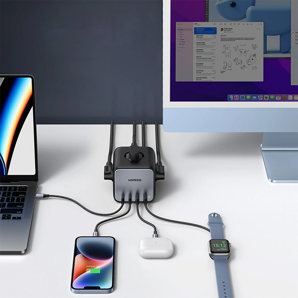 Steckdosenleiste/Verlängerungskabel USB 65W / AC 3680W, 2x USB-A, 2x USB Typ C, 3x Schuko (F), Ugreen CD268, Schwarz