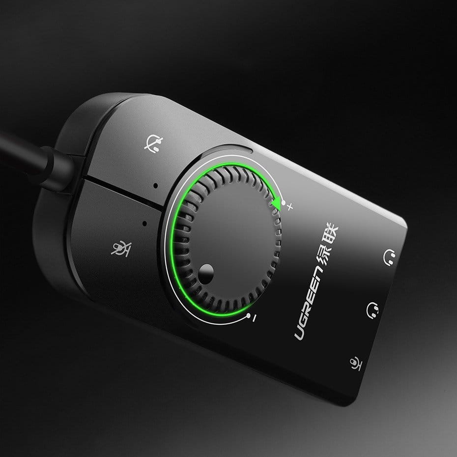 Externe Musik-Soundkarte / USB-Adapter, Ugreen CM129, Mini-Jack 3,5 mm mit Lautstärkeregler, 15 cm, Schwarz