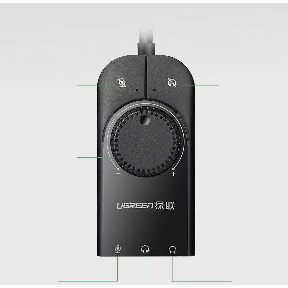 Externe Musik-Soundkarte / USB-Adapter, Ugreen CM129, Mini-Jack 3,5 mm mit Lautstärkeregler, 15 cm, Schwarz