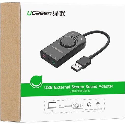 Externe Musik-Soundkarte / USB-Adapter, Ugreen CM129, Mini-Jack 3,5 mm mit Lautstärkeregler, 15 cm, Schwarz