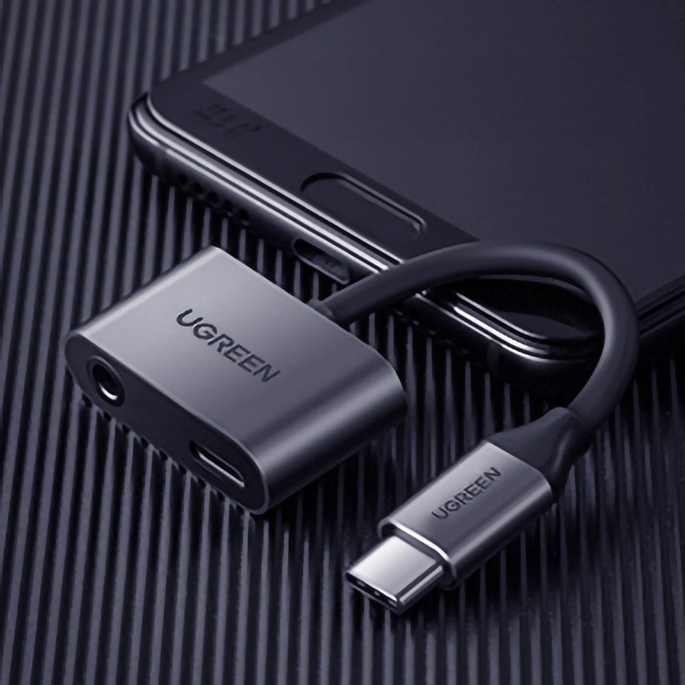 Adapter Audio USB-C (Stecker) auf 3.5 mm Klinke und USB-C (Buchse), Ugreen CM193, Grau