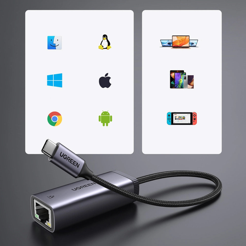 Adapter USB-C für Ethernet (RJ45), 1000 Mbps, Ugreen CM483, Schwarz-Grau