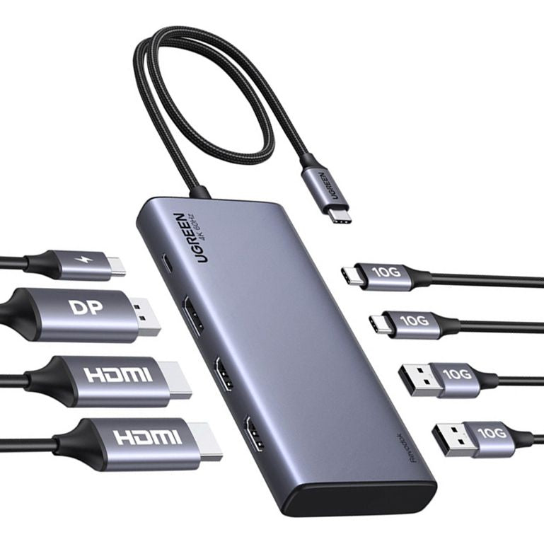 HUB 8in1, 2x HDMI 4K/60Hz, 1x DP 4K/60Hz, 2x USB-A, 3x USB-C, PD 100W, 10 Gb/s, Ugreen CM639, Schwarz-Silbern