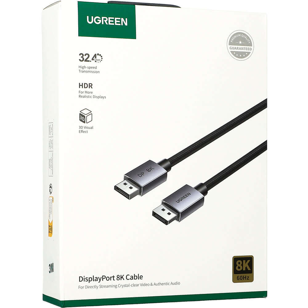 Kabel DisplayPort 1.4 Ugreen DP120 8K/60Hz mit geflochtenes 3m, Schwarz-grau