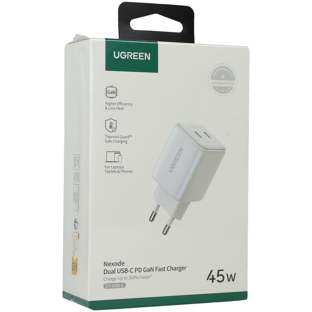 Schnell-Ladegerät 2x USB-C, Ugreen GaN, QC 3.0, PD 45W, Weiß