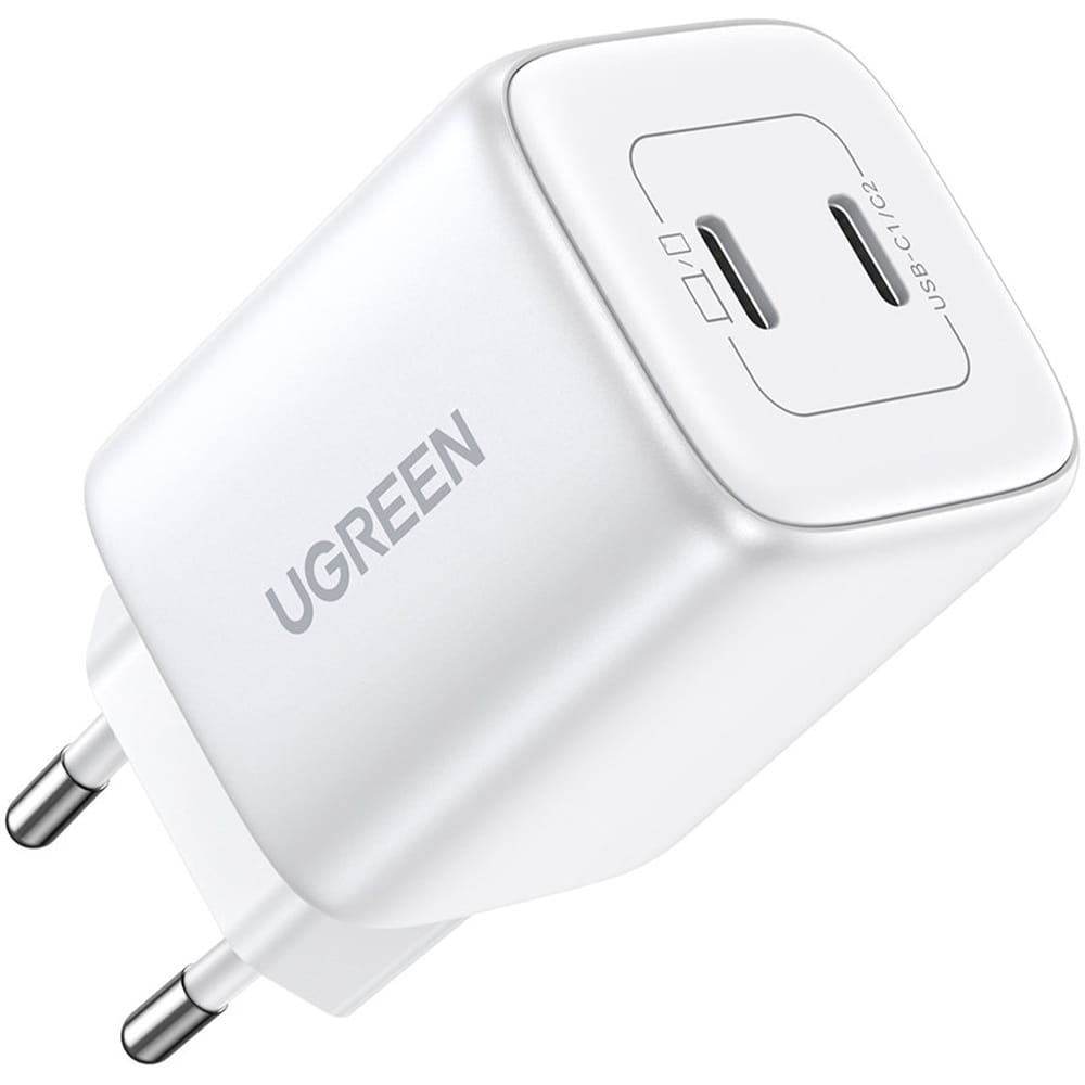 Schnell-Ladegerät 2x USB-C, Ugreen GaN, QC 3.0, PD 45W, Weiß