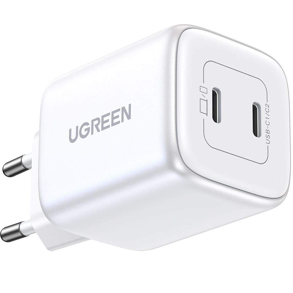 Schnell-Ladegerät 2x USB-C, Ugreen GaN, QC 3.0, PD 45W, Weiß