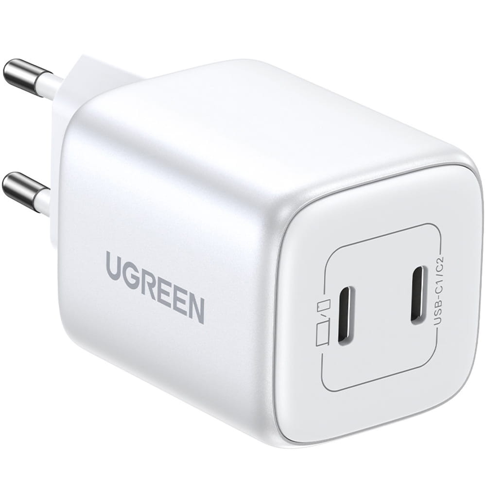 Schnell-Ladegerät 2x USB-C, Ugreen GaN, QC 3.0, PD 45W, Weiß