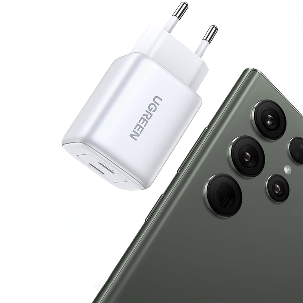 Schnell-Ladegerät 2x USB-C, Ugreen GaN, QC 3.0, PD 45W, Weiß