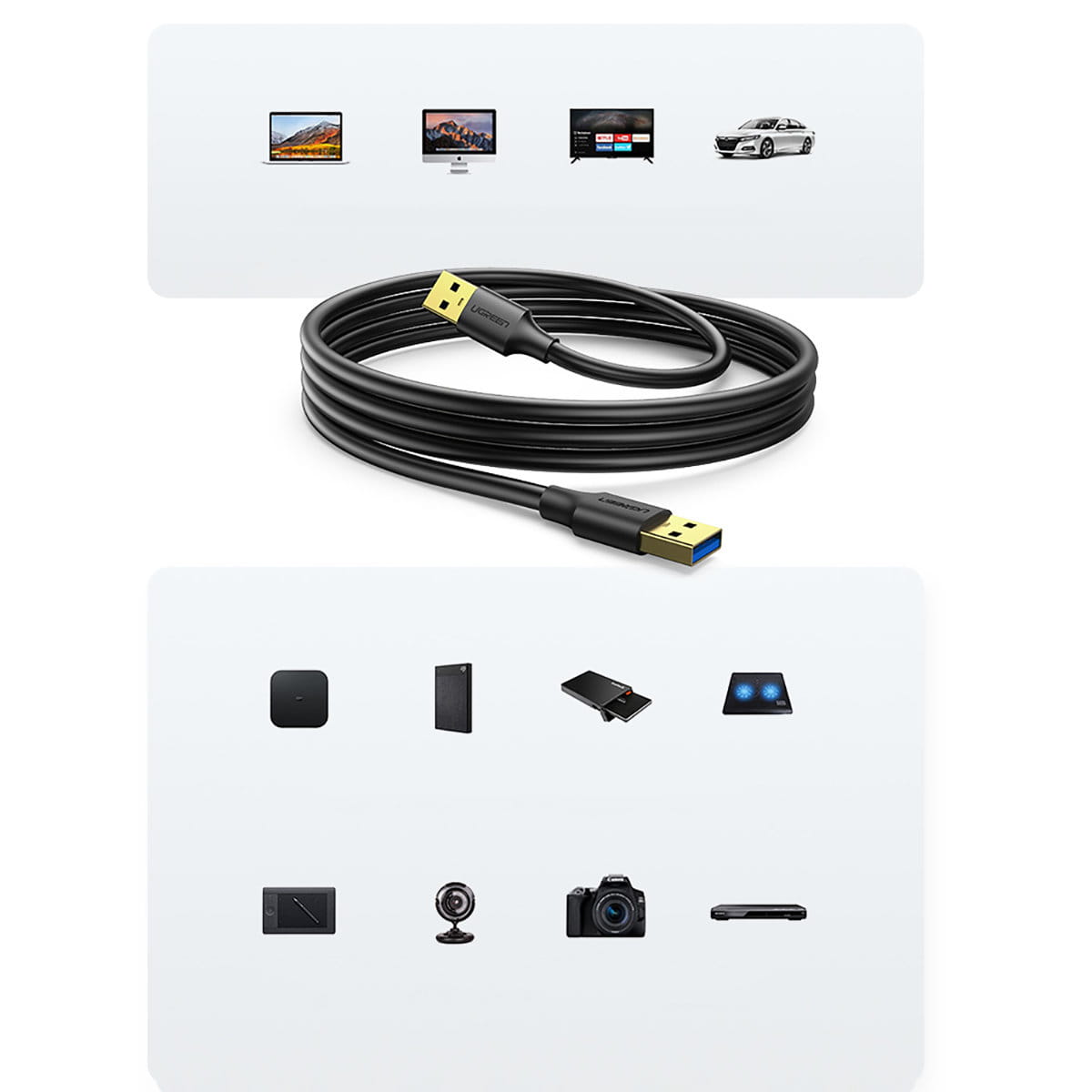 Kabel Ugreen USB 3.0 / USB-A (Typ A Stecker), 5 Gbps, 3 m, Schwarz