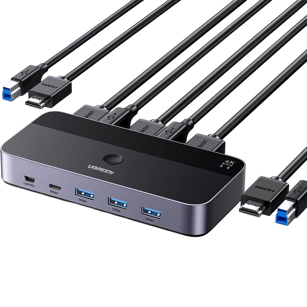 KVM Switch mit Geräteschalter, 3x HDMI 4K 60Hz, 3x USB-A 5Gb/s, 2x USB-C, Ugreen KVM CM664 inkl. HDMI und USB-Kabel, Schwarz-Silber