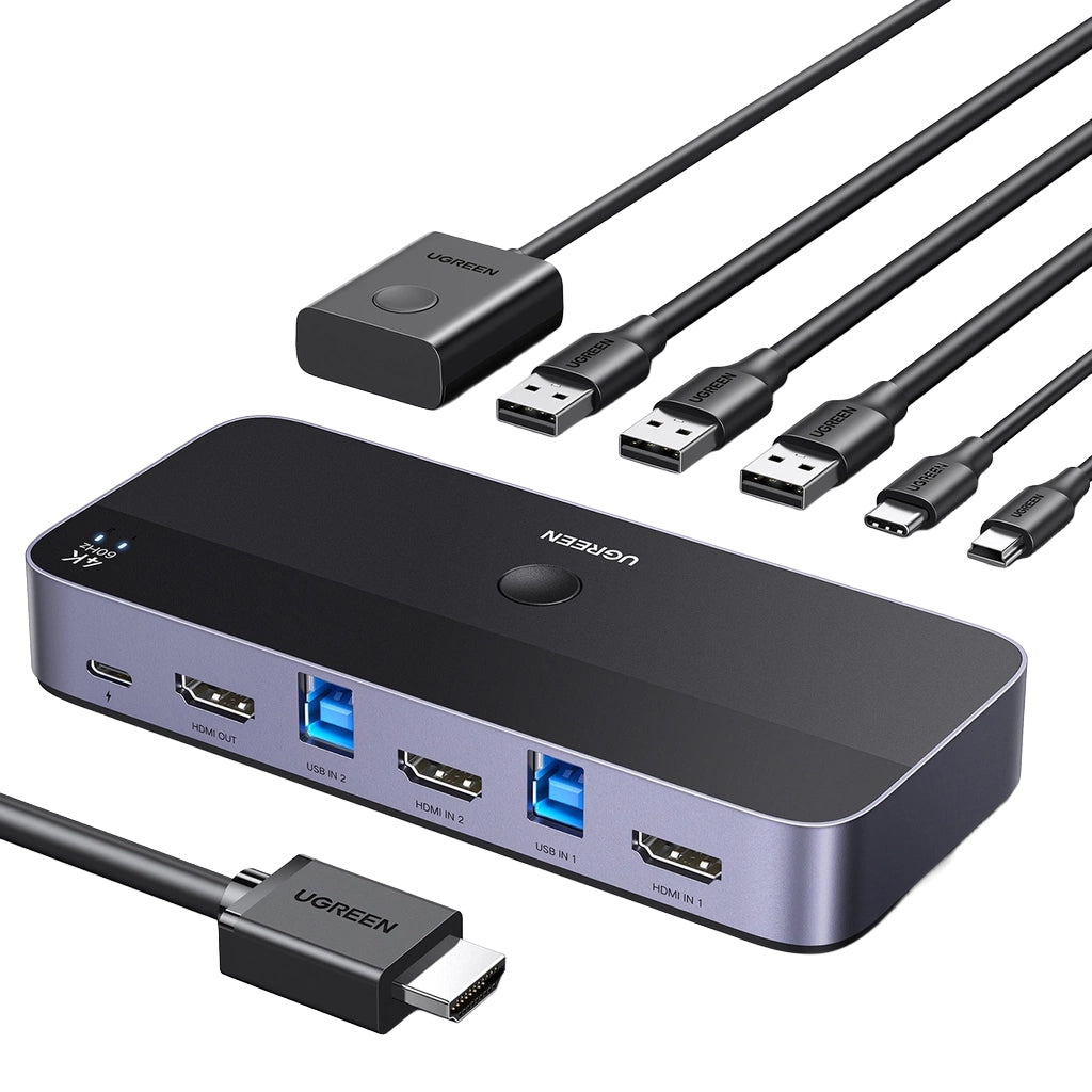 KVM Switch mit Geräteschalter, 3x HDMI 4K 60Hz, 3x USB-A 5Gb/s, 2x USB-C, Ugreen KVM CM664 inkl. HDMI und USB-Kabel, Schwarz-Silber