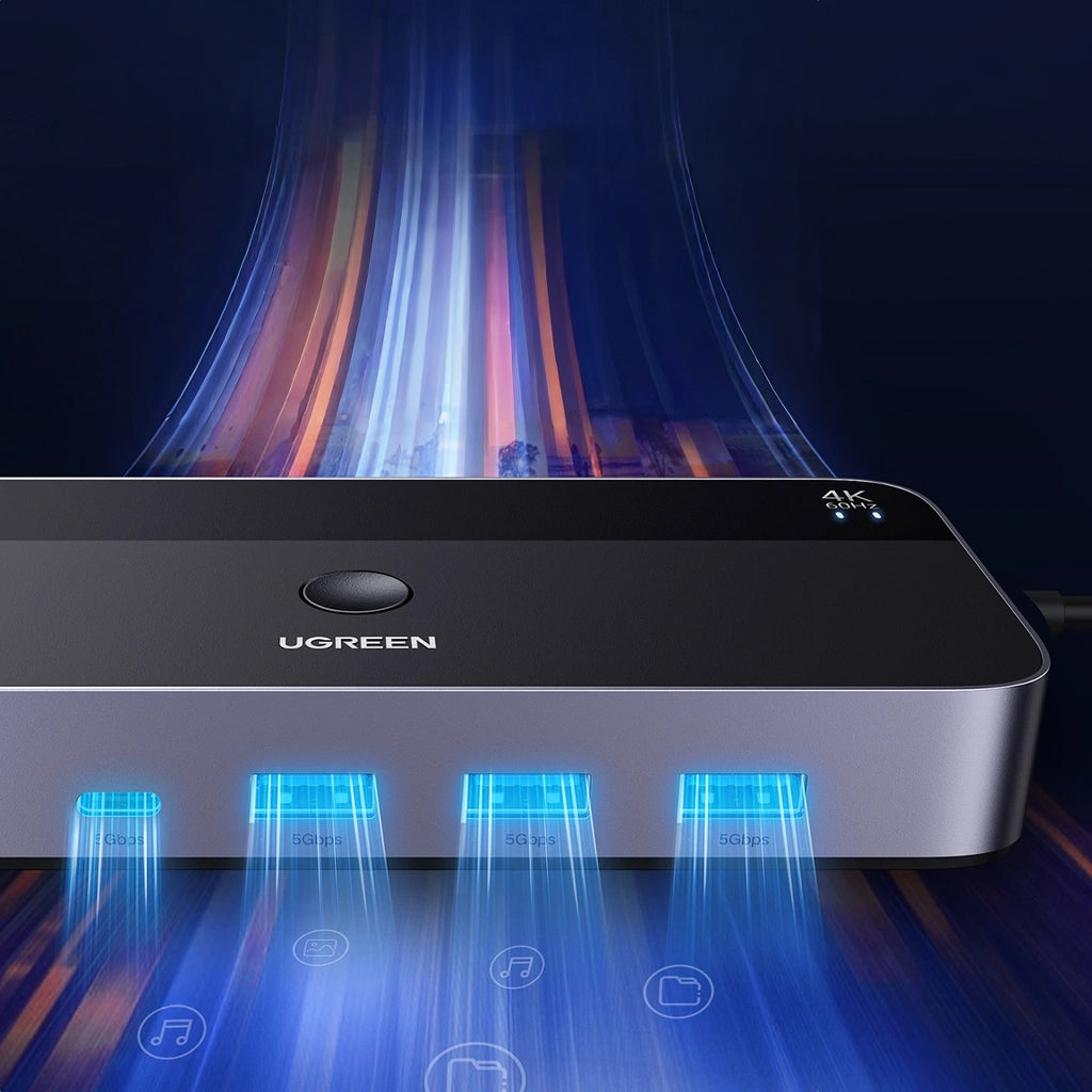 KVM Switch mit Geräteschalter, 3x HDMI 4K 60Hz, 3x USB-A 5Gb/s, 2x USB-C, Ugreen KVM CM664 inkl. HDMI und USB-Kabel, Schwarz-Silber