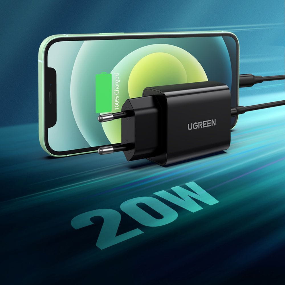 Schnell-Ladegerät, Ugreen USB-C, QC 4.0, PD 20W, Schwarz