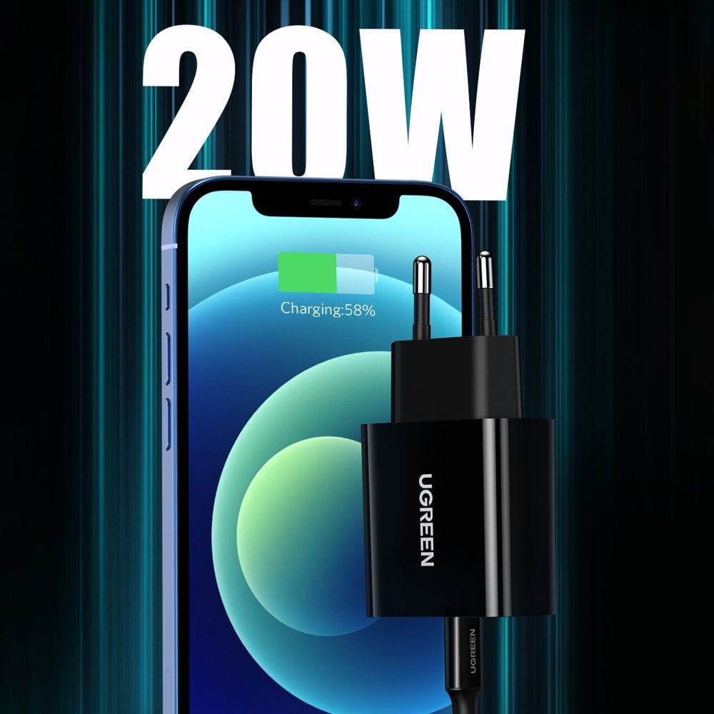Schnell-Ladegerät, Ugreen USB-C, QC 4.0, PD 20W, Schwarz