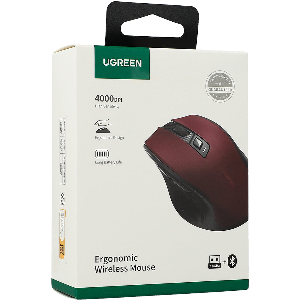 Kabellose Maus Ugreen MU006, Bluetooth 5.0, 2.4 GHz USB-A, 4000 DPI, Burgunderrot
