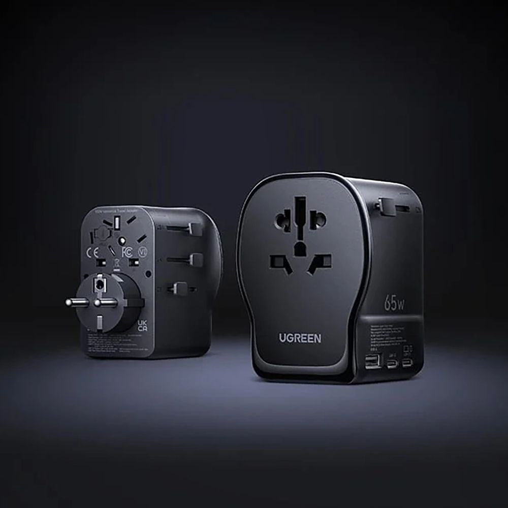 Reiseadapter / Wandladegerät GaN 65W für CN, US, JP, EU, UK, AU, 2x USB-C und 1x USB-A, PD 3.0, QC 4.0, PPS, Ugreen S550, Schwarz
