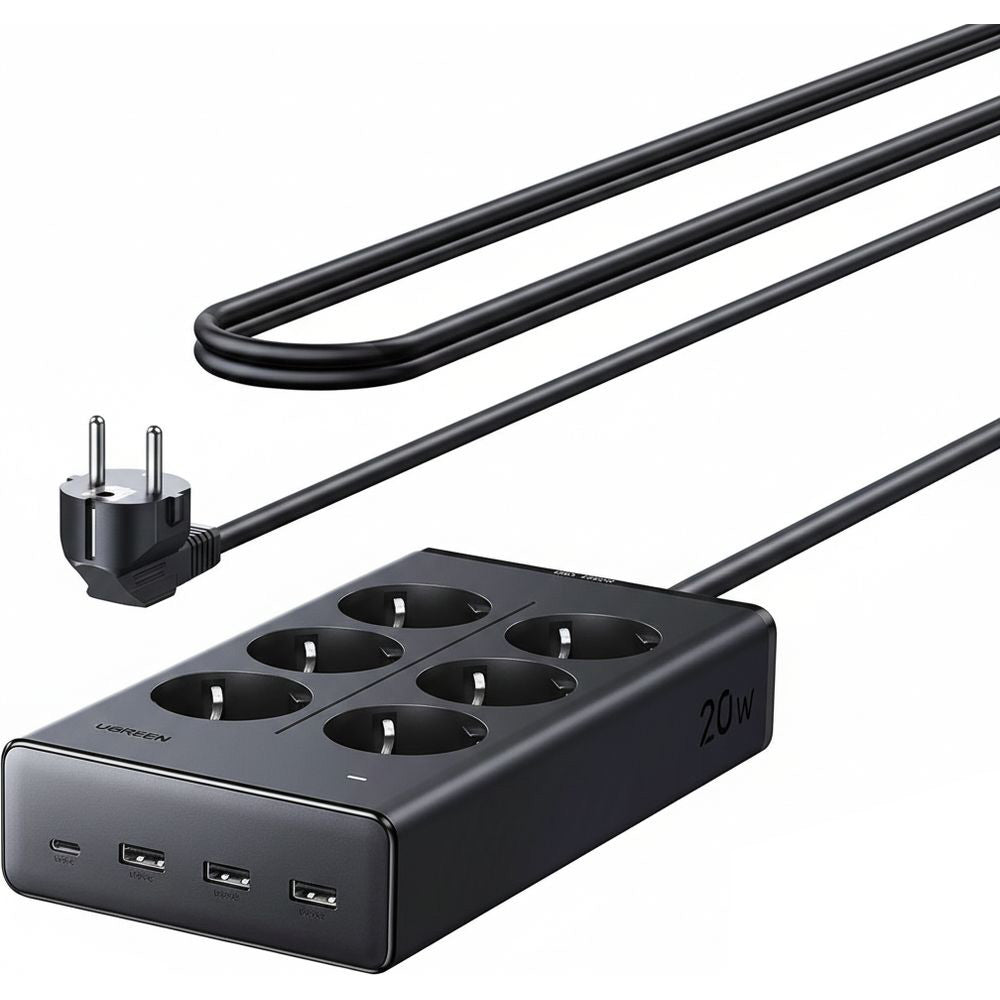 Steckdosenleiste / Verlängerungskabel GaN USB 20W / AC 3680W, 3x USB-A 15W, 1x USB-C PD 20W, 6x AC EU, Ugreen S622, Schwarz
