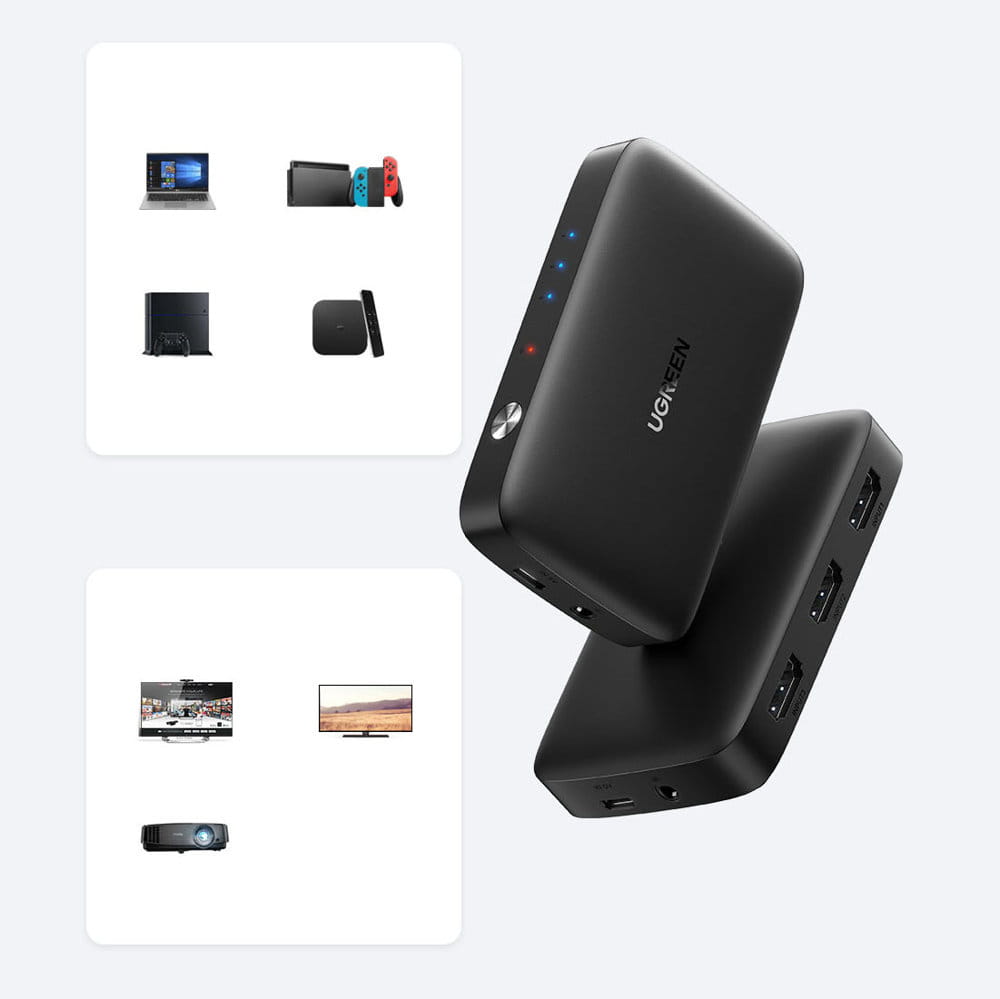 Splitter / Schalter mit Fernbedienung HDMI (Buchse) zu 3x HDMI (Buchse), Ugreen Splitter Switch, 4K, 30Hz, Schwarz