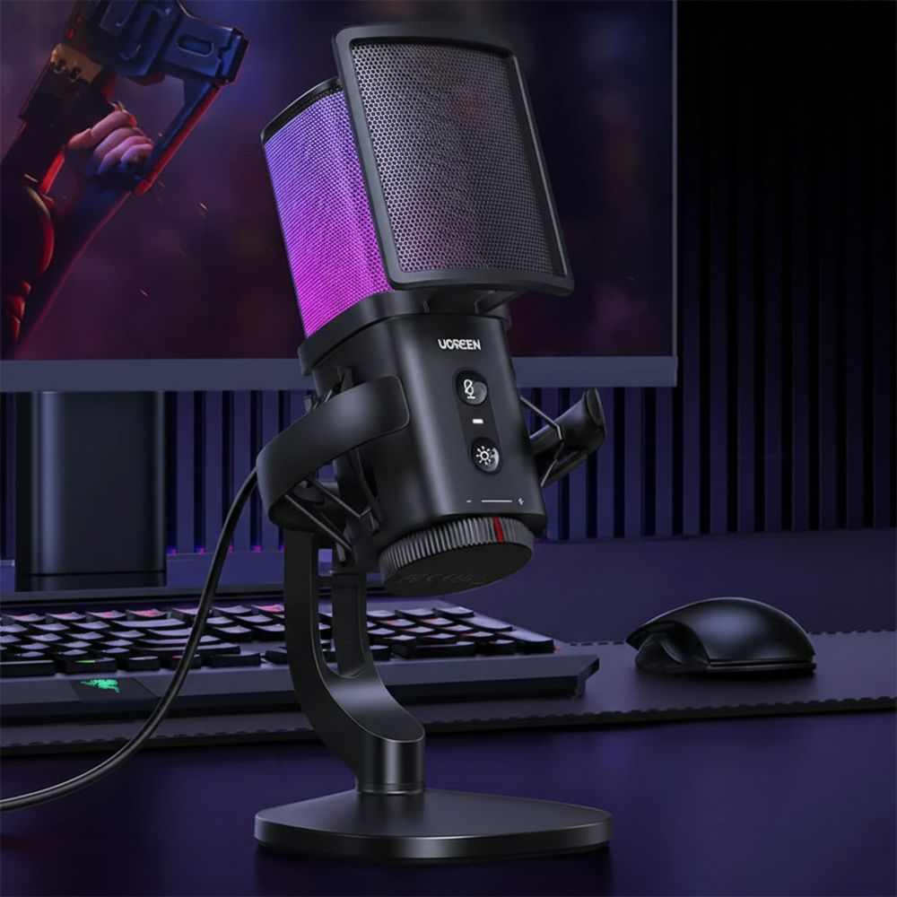 Mikrofon kabelgebunden, Schreibtisch, RGB, mit Popfilter, Schutzkorb und USB-A/USB-C-Kabel 1,5 m, Ugreen CM581, Schwarz
