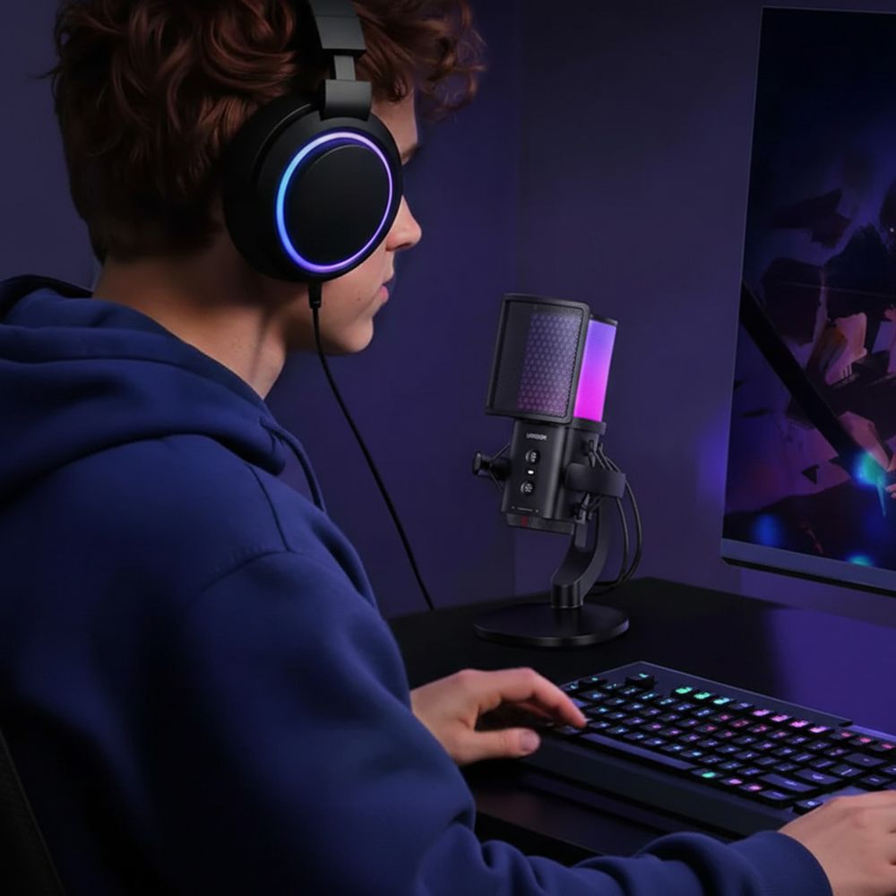 Mikrofon kabelgebunden, Schreibtisch, RGB, mit Popfilter, Schutzkorb und USB-A/USB-C-Kabel 1,5 m, Ugreen CM581, Schwarz