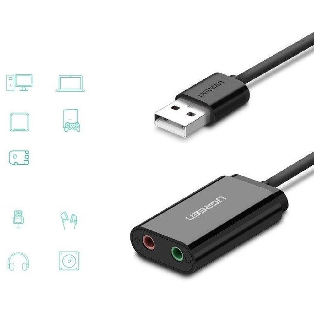 USB-A-Soundkarte / Audioadapter für 2x 3,5-mm-Klinkenstecker, Ugreen US205, 15 cm, Schwarz