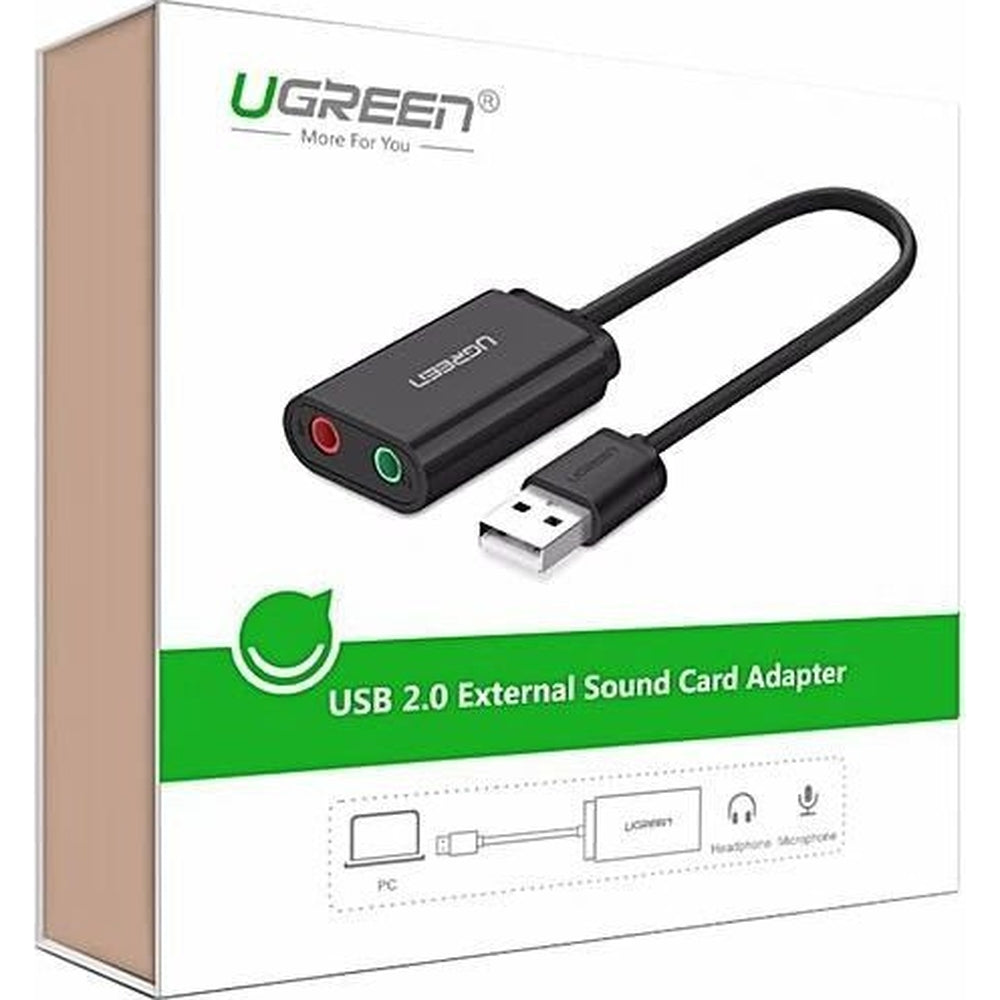 USB-A-Soundkarte / Audioadapter für 2x 3,5-mm-Klinkenstecker, Ugreen US205, 15 cm, Schwarz