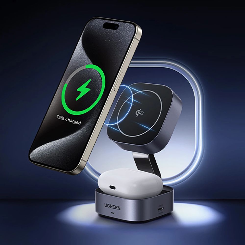 Faltbares induktives Ladegerät, Reise 2-in-1 15W mit MagSafe, Qi2, USB-C, Ugreen W702, Grau