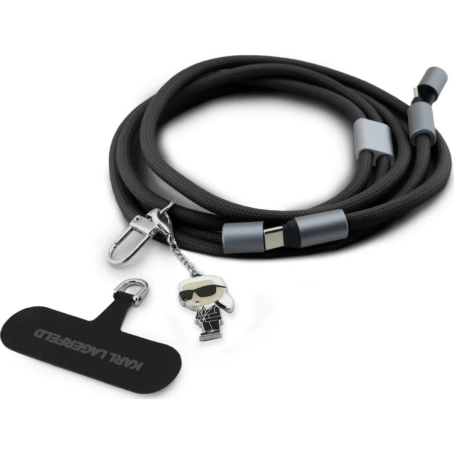 Neck Lanyard für Smartphone mit Kabel USB-C auf USB-C, Karl Lagerfeld CBDY Ikonik Charm, 150 cm, Schwarz