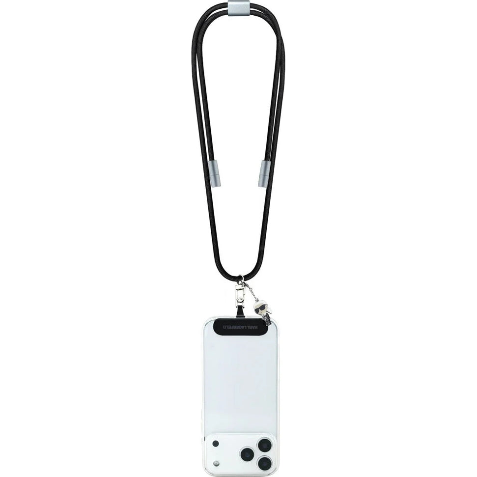 Neck Lanyard für Smartphone mit Kabel USB-C auf USB-C, Karl Lagerfeld CBDY Ikonik Charm, 150 cm, Schwarz