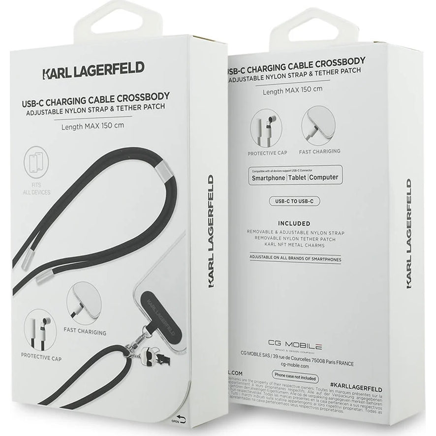 Neck Lanyard für Smartphone mit Kabel USB-C auf USB-C, Karl Lagerfeld CBDY Ikonik Charm, 150 cm, Schwarz