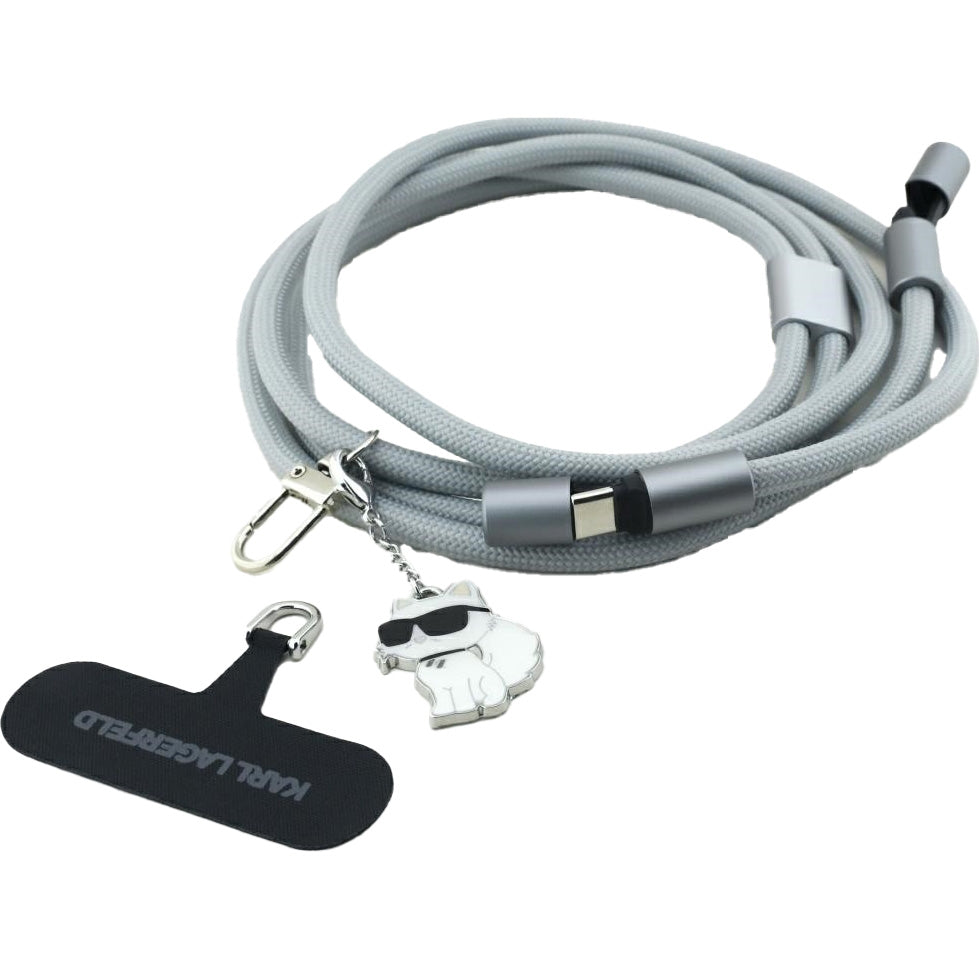 Neck Lanyard für Smartphone mit Kabel USB-C auf USB-C, Karl Lagerfeld CBDY Choupette Charm, 150 cm, Grau