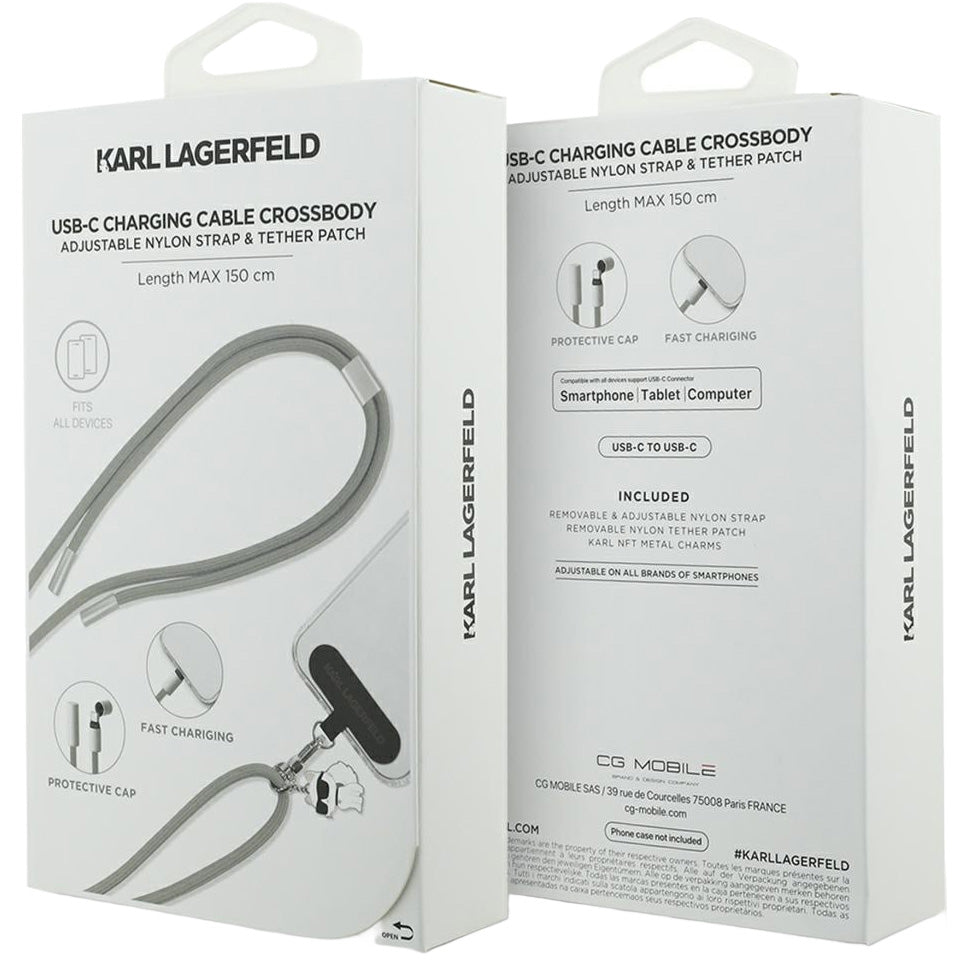 Neck Lanyard für Smartphone mit Kabel USB-C auf USB-C, Karl Lagerfeld CBDY Choupette Charm, 150 cm, Grau