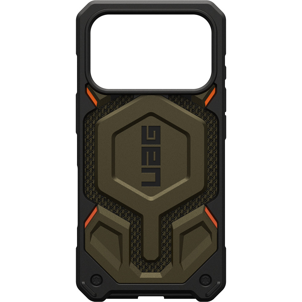 Handyhülle für iPhone 17 Pro, Urban Armor Gear Monarch Pro Mag mit MagSafe, Olivgrün/Schwarz mit Kevlar