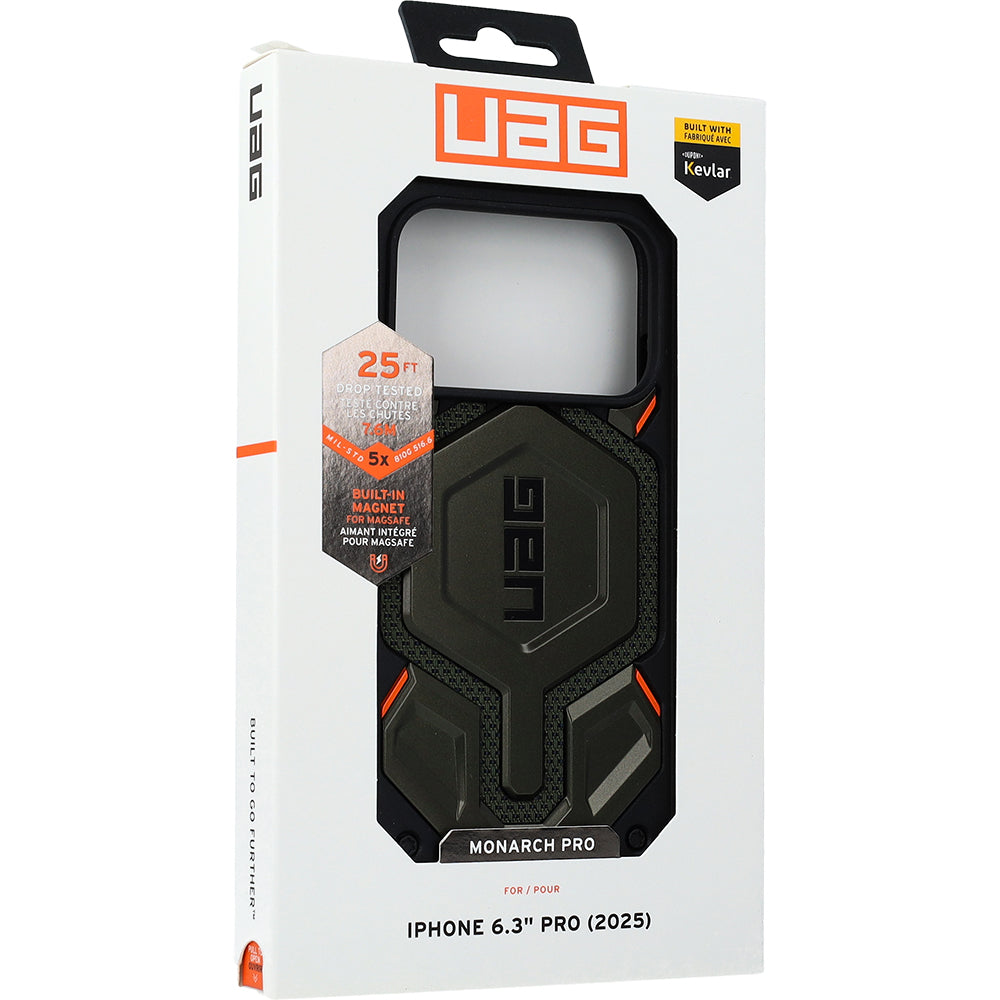 Handyhülle für iPhone 17 Pro, Urban Armor Gear Monarch Pro Mag mit MagSafe, Olivgrün/Schwarz mit Kevlar