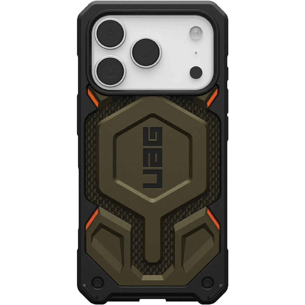 Handyhülle für iPhone 17 Pro, Urban Armor Gear Monarch Pro Mag mit MagSafe, Olivgrün/Schwarz mit Kevlar