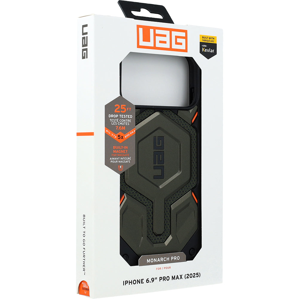 Handyhülle für iPhone 17 Pro Max, Urban Armor Gear Monarch Pro Mag mit MagSafe, Olivgrün/Schwarz mit Kevlar