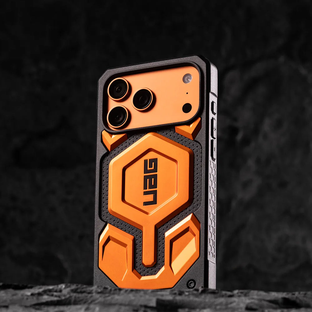 Handyhülle für iPhone 17 Pro Max, Urban Armor Gear Monarch Pro Mag mit MagSafe, Orange mit Schwarzen Elementen