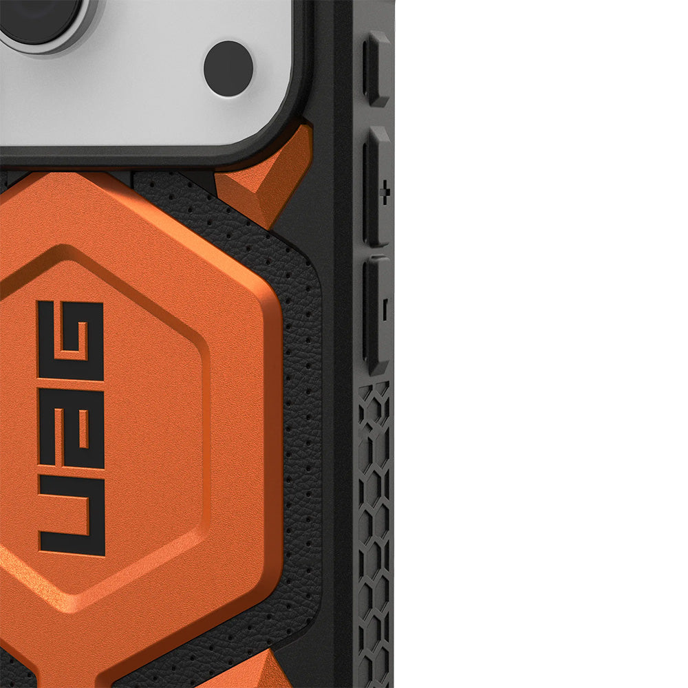 Handyhülle für iPhone 17 Pro, Urban Armor Gear Monarch Pro Mag mit MagSafe, Orange mit Schwarzen Elementen
