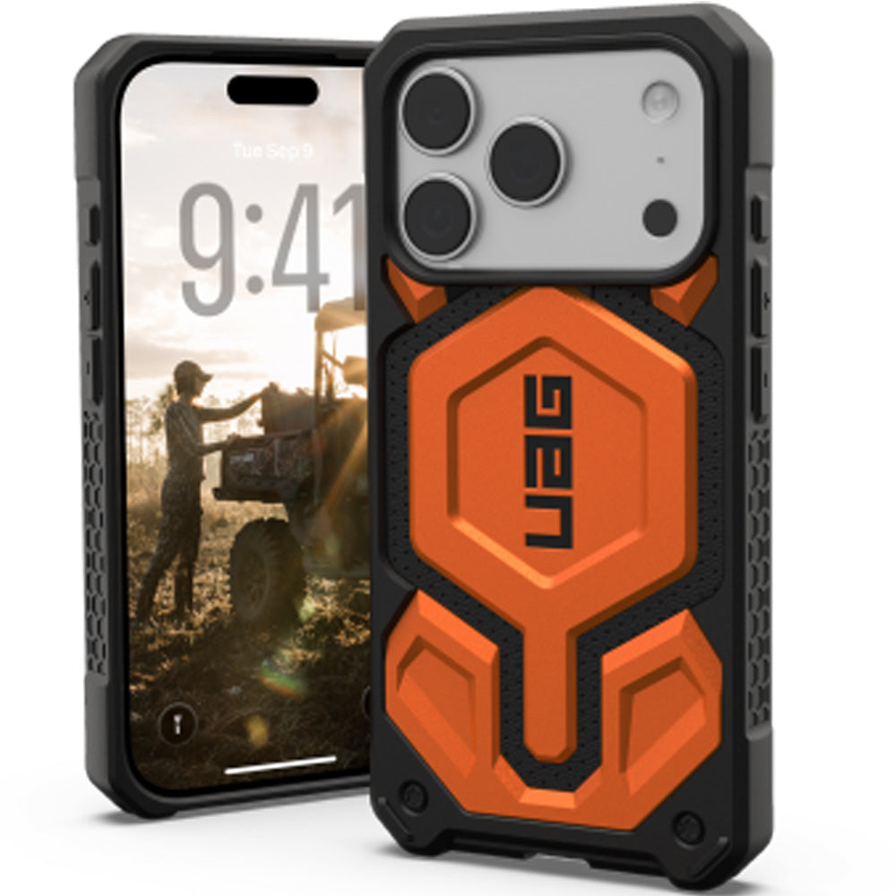 Handyhülle für iPhone 17 Pro, Urban Armor Gear Monarch Pro Mag mit MagSafe, Orange mit Schwarzen Elementen