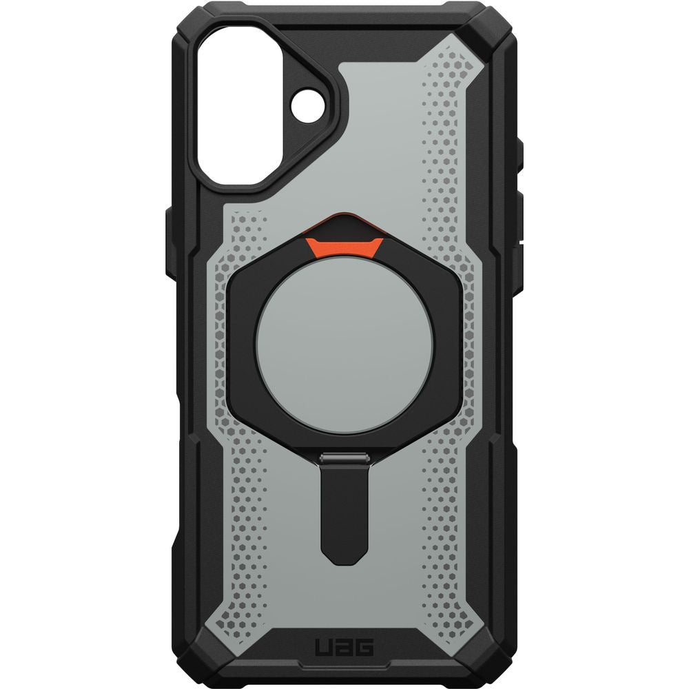 Handyhülle für iPhone 16 Plus, Urban Armor Gear Plasma XTE Mag mit MagSafe, Durchscheinend und schwarz mit orangem Element