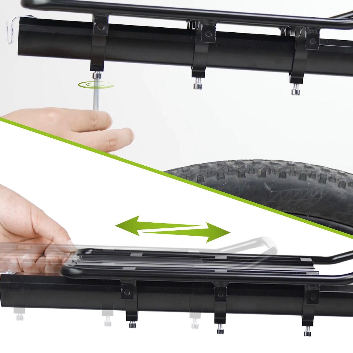 Detail view of Vayox VA0352 Aluminum Bike Rack demonstrating adjustable mounting on a bicycle wheel for stability.