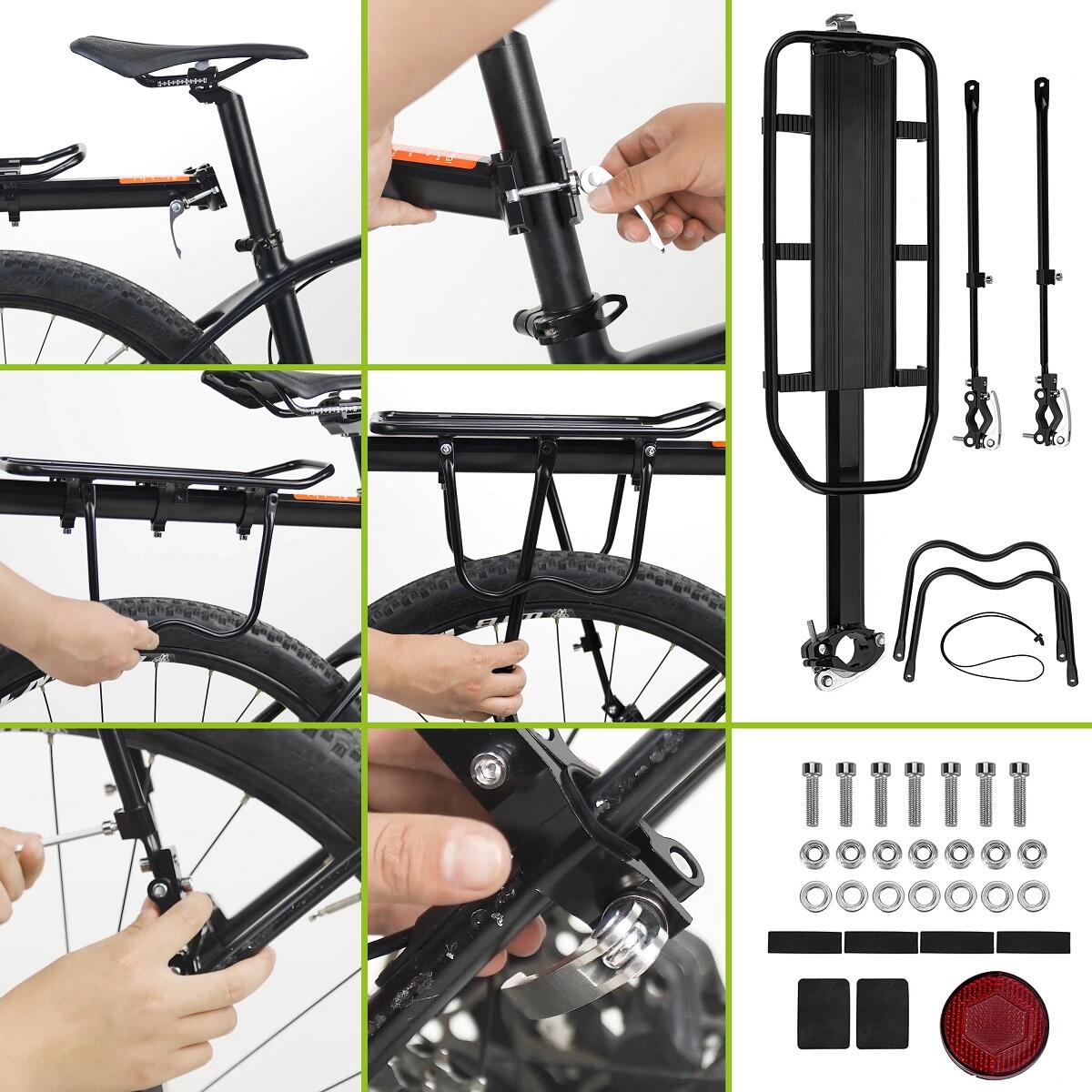 Vayox VA0352 black aluminum bike rack installation and components; includes mounting hardware and load capacity up to 50 kg.