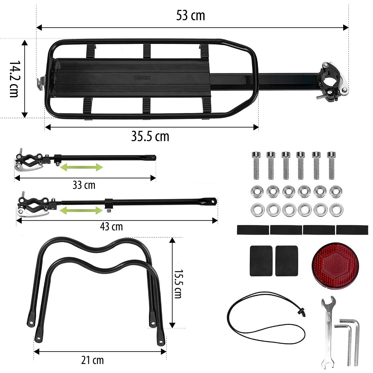 Fahrradgepäckträger Vayox VA0352 Aluminium Schwarz mit Montagezubehör, 53 × 14,2 cm, detaillierte Abmessungen, maximale Traglast 50 kg