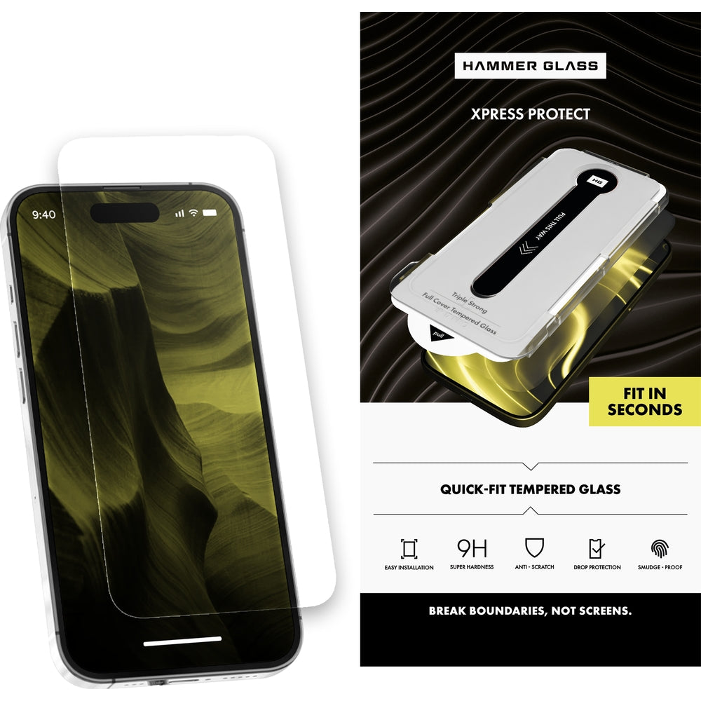 Gehärtetes Glas mit Applikator für iPhone 15 Pro Max, Hammer Glass XPress Protect