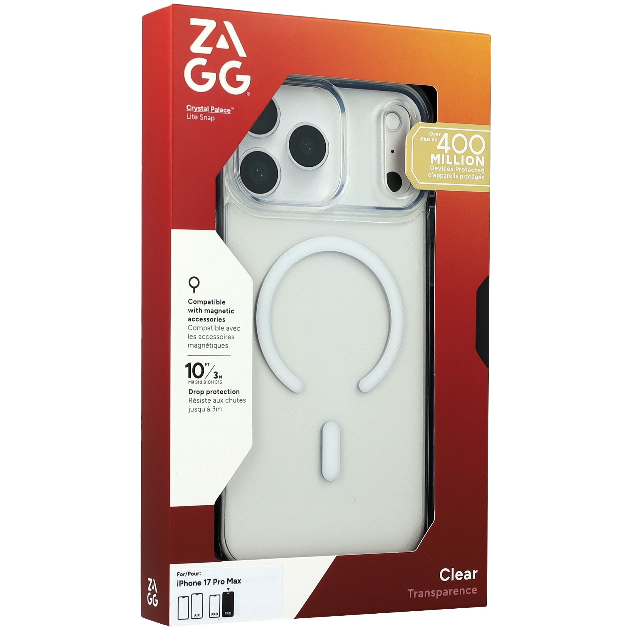Handyhülle für iPhone 17 Pro Max, ZAGG Crystal Palace Lite Snap mit MagSafe, Transparent und Weiß
