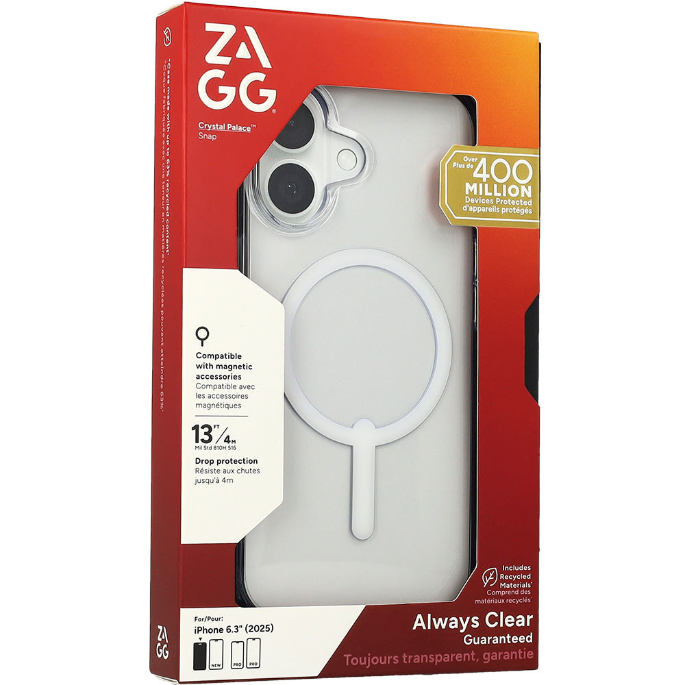 Handyhülle für iPhone 17, ZAGG Crystal Palace Snap mit MagSafe, Transparent und Weiß