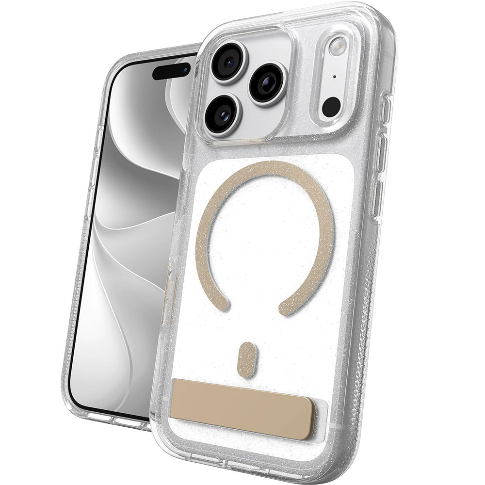 Handyhülle für iPhone 18 Pro / 17 Pro, ZAGG Milan Snap Kickstand mit MagSafe, Transparent-Gold mit Glitzer (1/6)