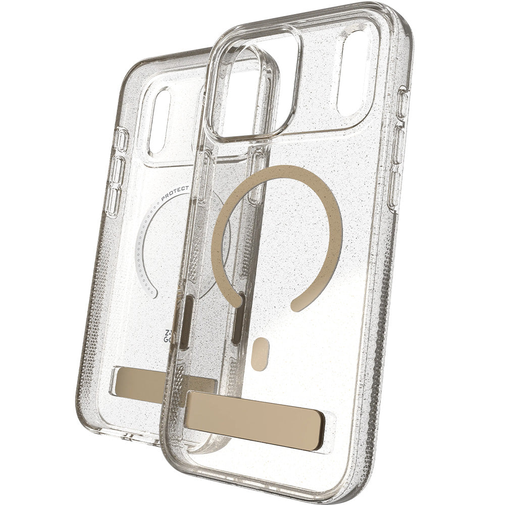 Handyhülle für iPhone 18 Pro / 17 Pro, ZAGG Milan Snap Kickstand mit MagSafe, Transparent-Gold mit Glitzer (2/6)