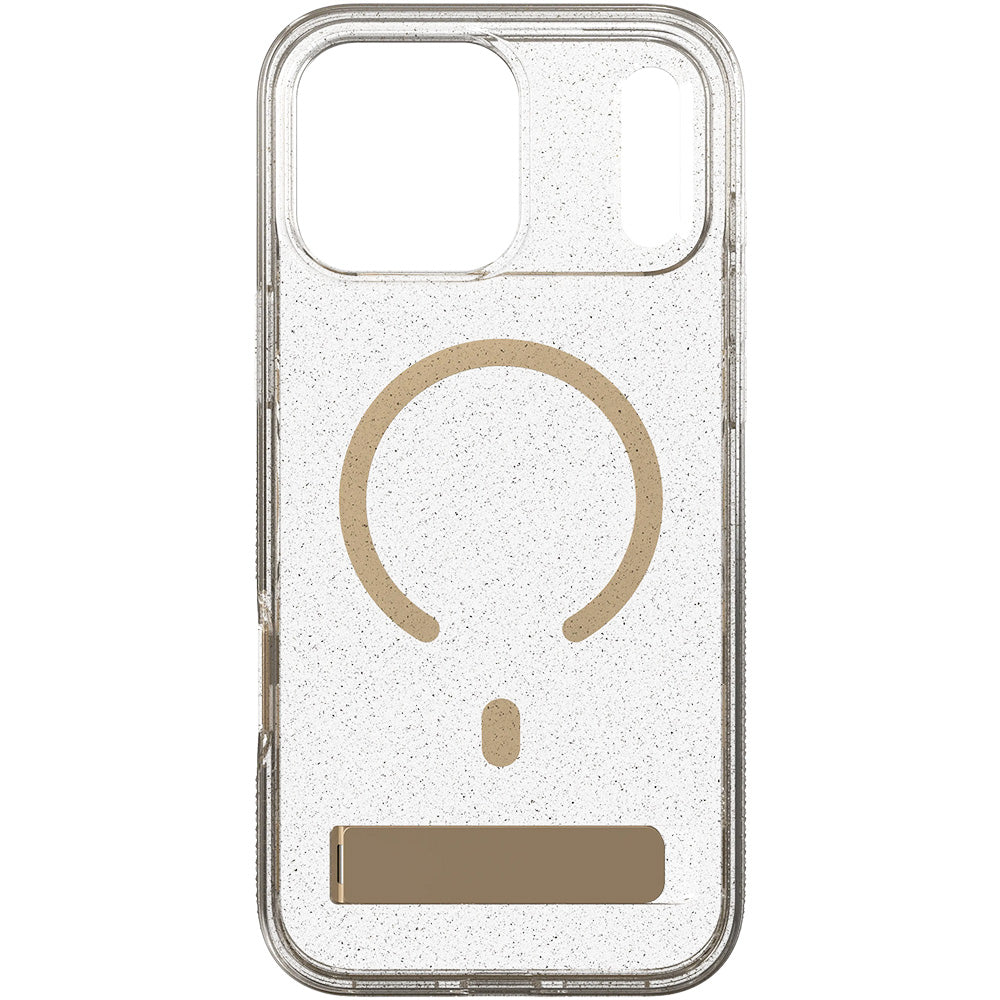 Handyhülle für iPhone 18 Pro / 17 Pro, ZAGG Milan Snap Kickstand mit MagSafe, Transparent-Gold mit Glitzer (3/6)